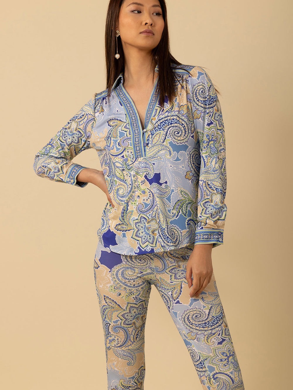 HALE BOB ANYA JERSEY BOHO PAISLEY PATTERENED LONGSLEEVE BLOUSE / BLUE / LARGE